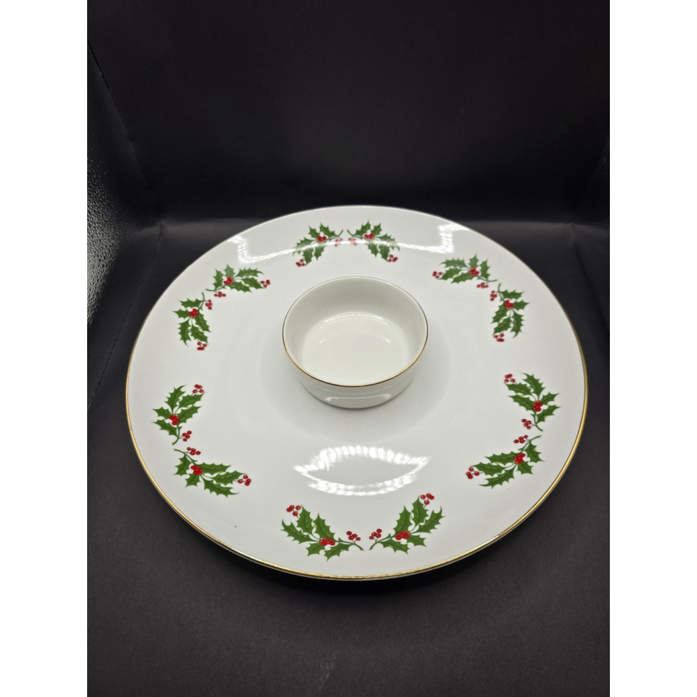 Macys All The Trimmings Christmas Platter W/Attached Dip Bowl. White W Gold Trim